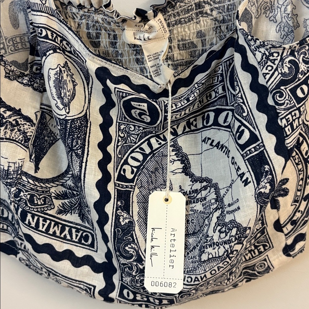 ❤️BNWT Nicole Miller Artelier linen blend postage stamp print Crop Top size S - Picture 7 of 7